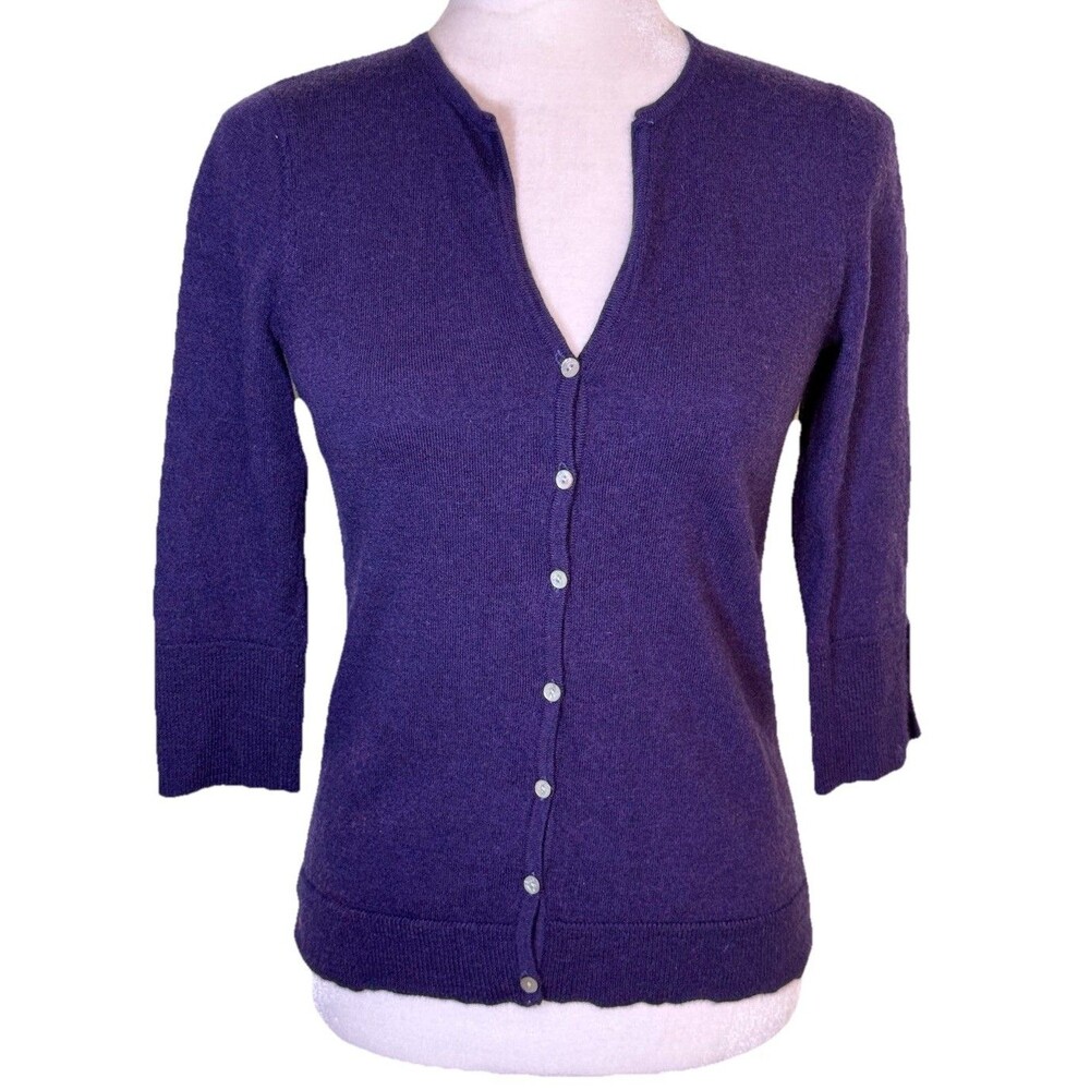 Women’s 100% Merino Wool Purple Button‎ Front Cardigan 3/4 Sleeve Minimalist Sm